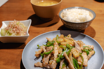 Japanese dinner with pork stir fry, rice, miso soup and salad
