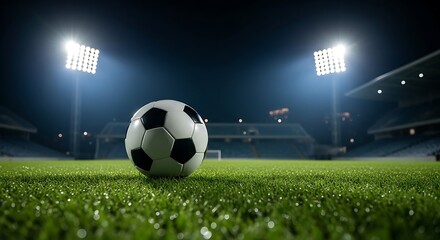 Soccer ball on a wet grass field under stadium lights at night