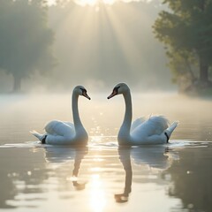 Fototapeta premium A pair of swans on a misty lake.