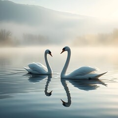 Fototapeta premium A pair of swans on a misty lake.