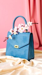 Stylish blue handbag with spring flowers