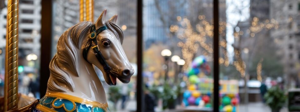 A beautifully crafted carousel horse showcases vibrant colors and details, set against a backdrop of twinkling lights and festive decorations. The lively urban atmosphere enhances the holiday spirit - Powered by Adobe