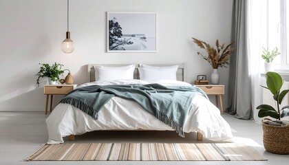 Modern bedroom interior with a comfortable bed