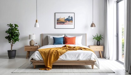 Modern bedroom interior with wooden bed, art, and plants