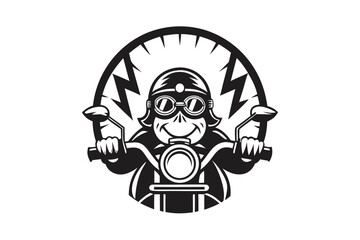 Monochrome Gorilla on Motorbike with Helmet and Goggles on a White Background