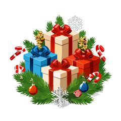 Christmas Gift Box Vector with Holiday Wreaths, Ribbons, and Ornaments