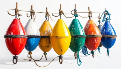 Row of colorful fishing bobbers with unique patterns and hooks, hanging vertically against white background