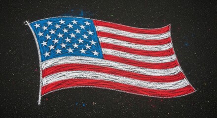 Chalk Drawing of the American Flag Waving on Asphalt Surface