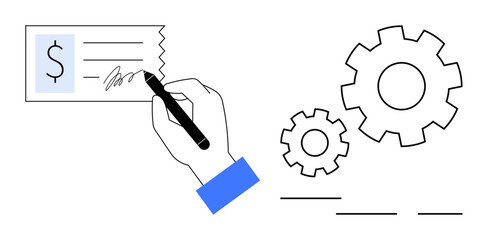 Hand signing a financial document with gears symbolizing process automation, coordination, and business flow. Ideal for finance, strategy, management, productivity, automation, planning simple flat