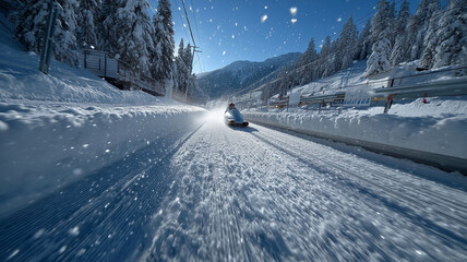 Bobsleigh carving through snowy mountain trail during bright winter day