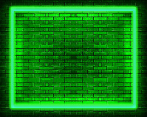 Green neon glowing rectangular frame on dark brick wall background with copy space. Modern futuristic light border for posters, nightlife, signage, or digital design themes.