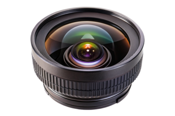 Isolated fisheye camera lens with reflected light and intricate glass elements isolated on transparent background