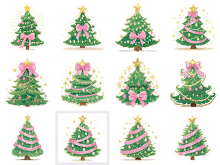 Elegant Christmas Tree Vector Set — Festive Holiday Trees with Pink Ribbons, Ornaments, and Golden Stars
