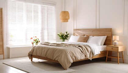 Modern bedroom with natural light and warm tones