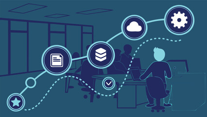 Saa S onboarding journey map with icons and silhouetted office scene SaaS cloud