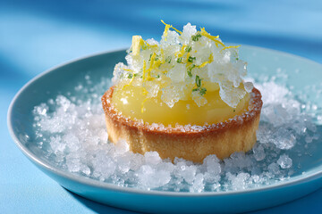 Snow themed lemon tart with icy sugar snow
