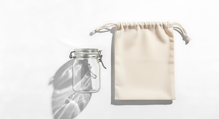 Minimalist Composition: Glass Jar and Drawstring Bag with Dramatic Shadows on White