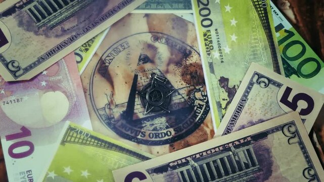 The Eye of Providence Illuminati Symbol on an Old Ancient Parchment Covered With Money