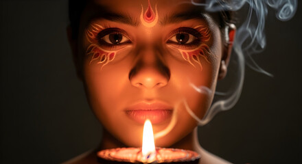 portrait with sacred flame face art and smoking diya, warm candlelight illuminating eyes, spiritual Diwali ritual mood for banner