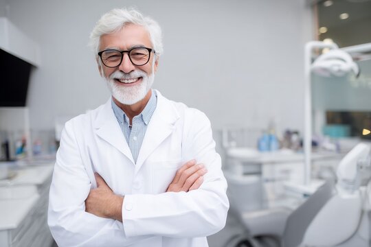 Happy senior man, white lab coat, arms crossed, confidently smiles in modern dental clinic
