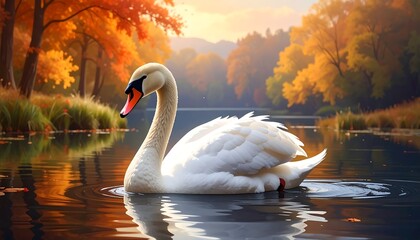 A serene white swan glides gracefully on a tranquil autumn lake, surrounded by vibrant fall foliage.