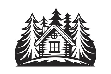 Silhouette Cabin and Fir Trees on White Background Forest Design Art