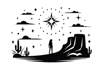 Silhouette Cowboy at Desert Landscape on White Background