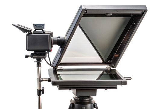 Professional teleprompter device isolated showing reflected text for broadcast production isolated on transparent background