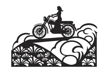Silhouette of Woman on Motorcycle over Stylized Ground on White Background