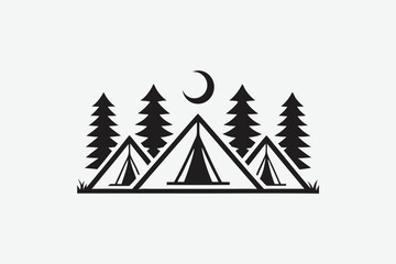 Simple Landscape with Tents, Pine Trees, and Crescent Moon on White Background