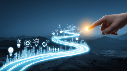 Business roadmap to 2026 success: A strategic journey featuring innovation, sustainability, teamwork, and goal achievement.