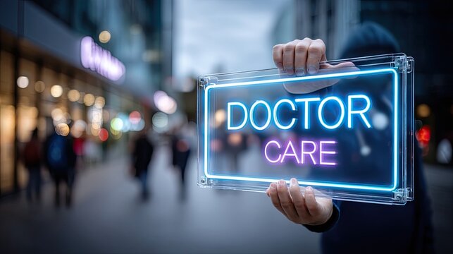 Doctor Holding Illuminated Doctor Care Sign in Urban Setting at Dusk with Blue and Pink Glow and Blurred People Background