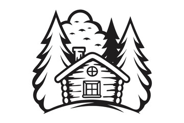 Stylized Cabin Amongst Pine Trees Isolated on White Background Line Art Icon