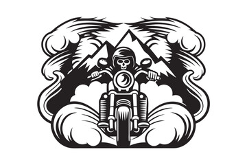 Skeleton Rider on Motorcycle with Mountain Backdrop in Detailed Design