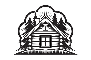 Stylized Cabin Home amidst Trees and Mountain Icon with White Background