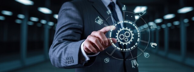 A businessperson interacts with the concept of automation and innovation represented in digital graphics