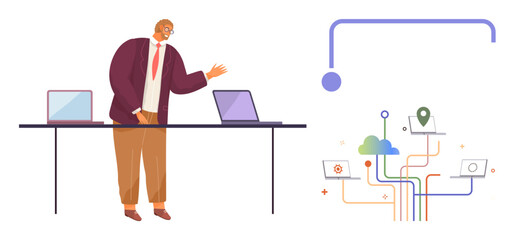 Businessman presenting cloud technology while standing by a desk with laptops network connections to cloud, devices, geolocation, and storage visualized. Ideal for technology, presentation, business