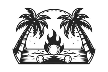 Woodcut with Palm Trees, Campfire, Sea and the Horizon on White