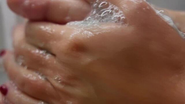 Close-up sequence of hands being washed with foamy soap under running water at a bathroom sink, highlighting lather, bubbles, scrubbing, and rinsing for hygiene and cleanliness
