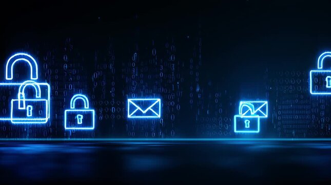 Neon digital security icons showcase glowing locks and envelopes, illustrating a seamless transition in a high-tech environment