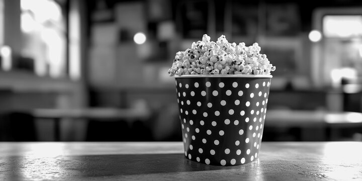 Popcorn served in a polka dot cup at a cozy movie theater
