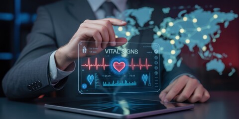 A person is interacting with a digital screen, highlighting a health concept against a backdrop of a world map