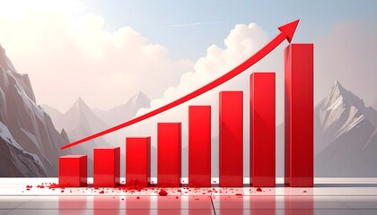 Red bar graph rising against a mountain backdrop