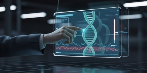 A person is interacting with a holographic display of a DNA double helix, showcasing the intersection of technology and genetics