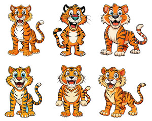 Collection of six adorable cartoon tigers in various playful poses and expressions on a white background