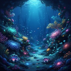 Fototapeta premium Fantasy Underwater Coral Reef with Bioluminescent Glow