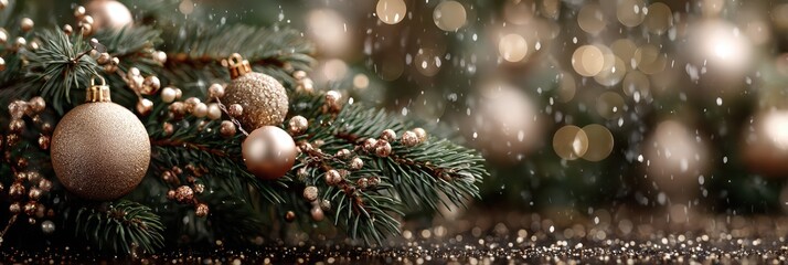Gold and silver ornaments decorate evergreen branches in a festive winter setting with falling snowflakes