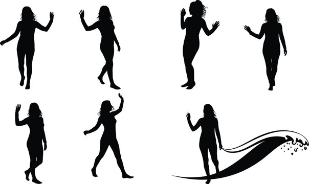 Silhouette woman waving hand, female figure walking, beach lifestyle, summer vacation, surfing wave design, ocean freedom, elegant pose, outdoor activity