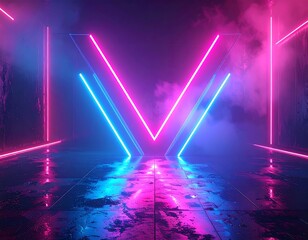 Neon V-shaped light display in a dark space