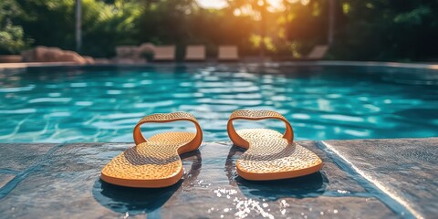 Bright orange flip flops resting by a sparkling pool during sunset in a tranquil backyard setting